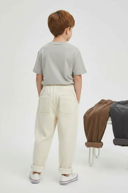 Pantalon Parachute Crème Côtelé Ample Décontracté Enfant - Beige Cordé - vue 2