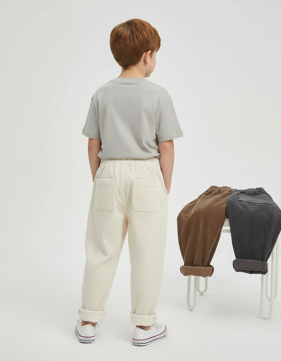 Pantalon Parachute Crème Côtelé Ample Décontracté Enfant - Beige Cordé - vue 2