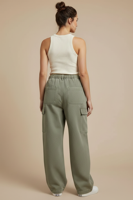 Pantalon Parachute Vert Ample Denim Cargo Multipoches Femme - Kaki Jean - vue 2