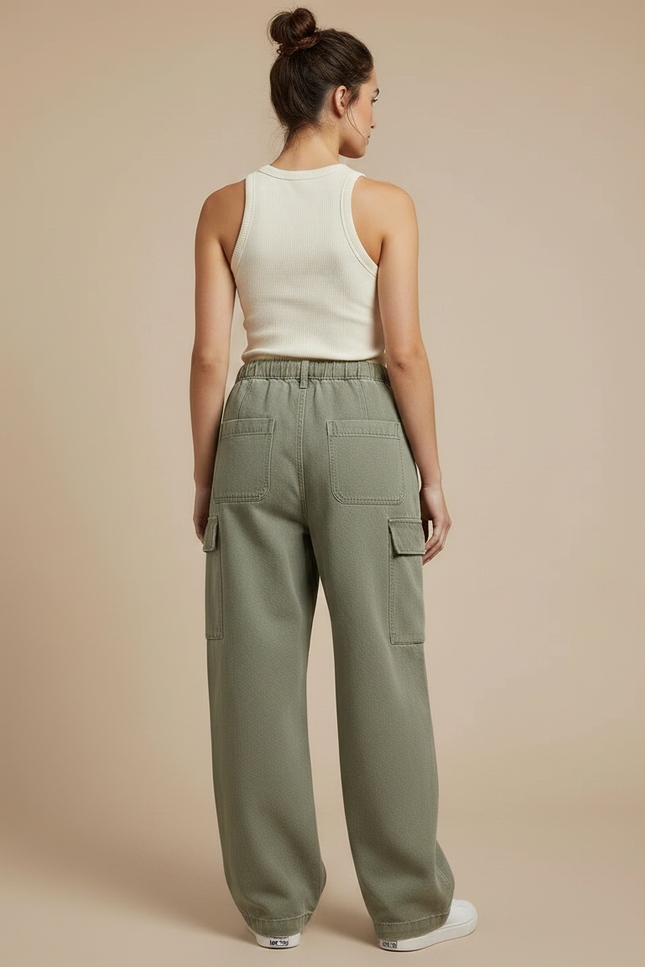 Pantalon Parachute Vert Ample Denim Cargo Multipoches Femme - Kaki Jean - vue 2