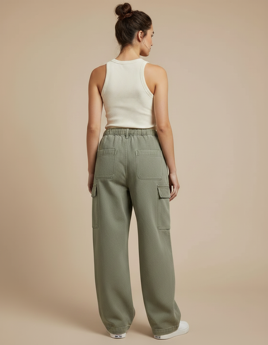 Pantalon Parachute Vert Ample Denim Cargo Multipoches Femme - Kaki Jean - vue 2