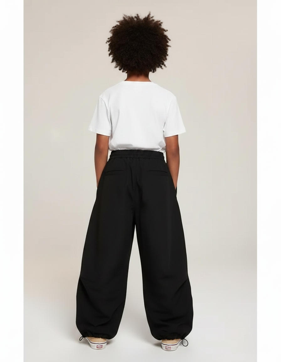 Pantalon Parachute Noir Ample Cordon Unisexe Décontracté - Polyester - vue 2