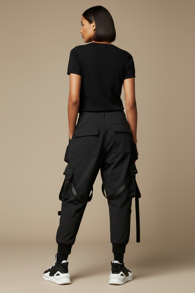 Pantalon Parachute Noir Cargo Techwear Ample - Polyester - vue 2