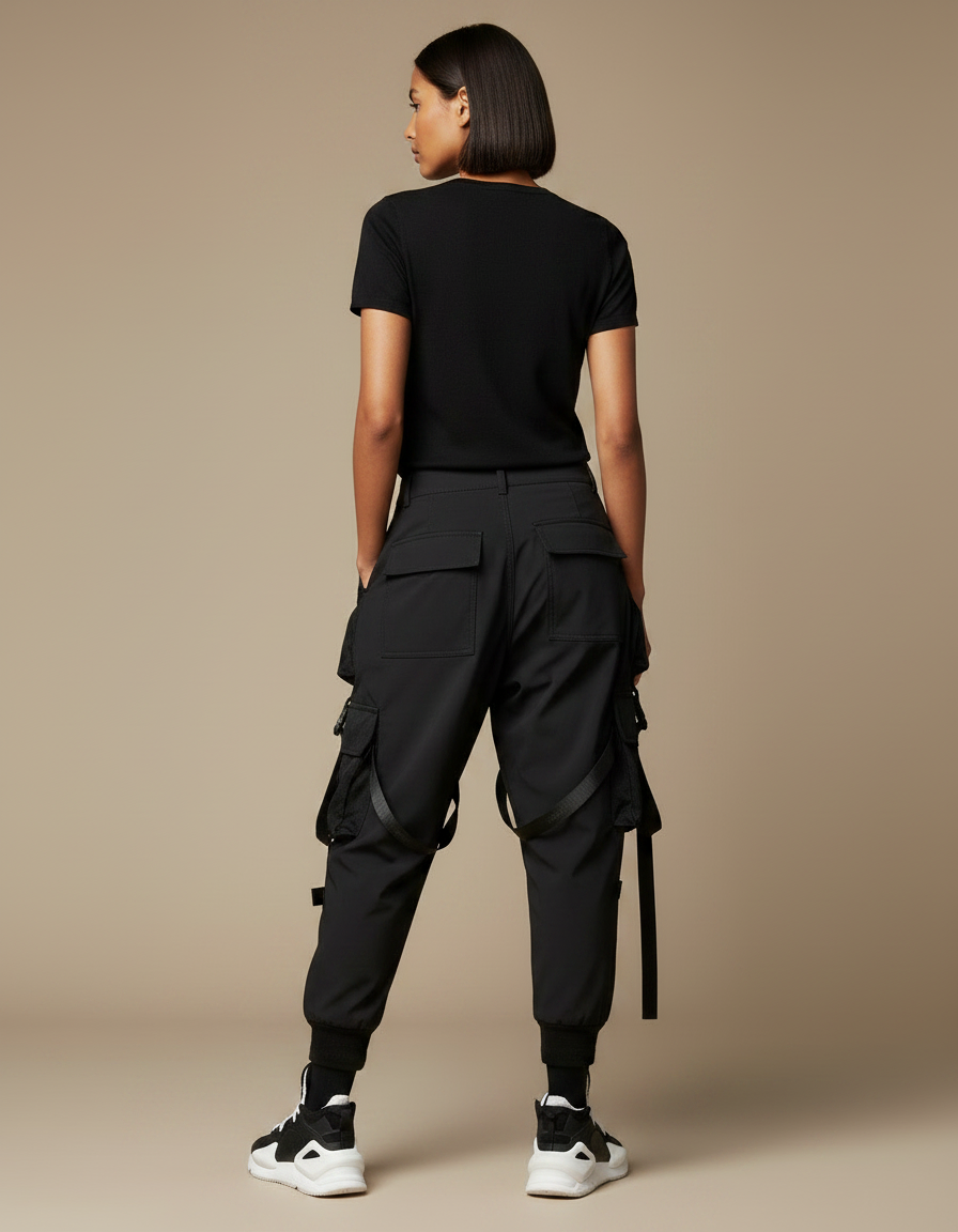 Pantalon Parachute Noir Cargo Techwear Ample - Polyester - vue 2
