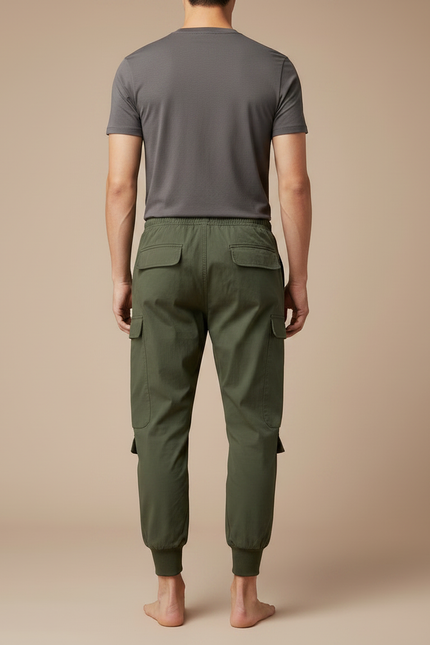 Pantalon Parachute Vert Cargo Cordon Jogger Casual Homme - Kaki Polyester - vue 2