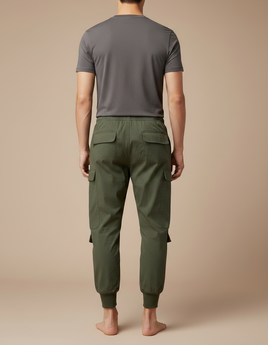 Pantalon Parachute Vert Cargo Cordon Jogger Casual Homme - Kaki Polyester - vue 2