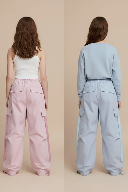 Pantalon Parachute Cargo Ample Fille Rose Bleu - Polyester - vue 2