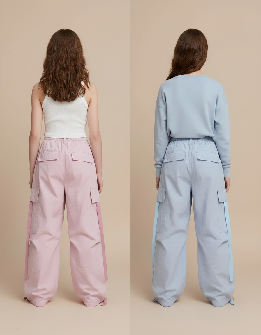 Pantalon Parachute Cargo Ample Fille Rose Bleu - Polyester - vue 2