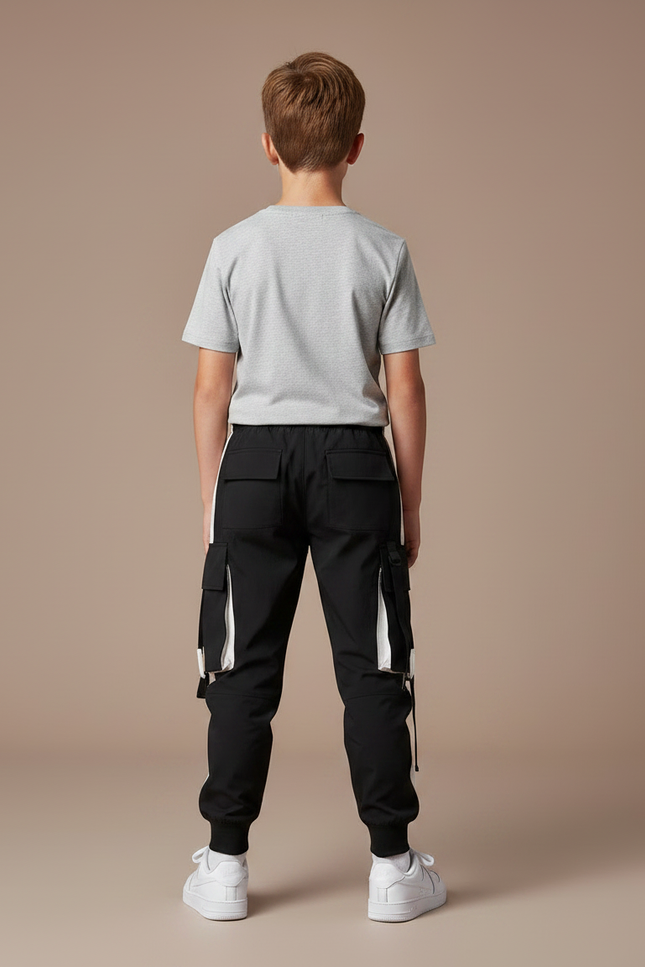 Pantalon Parachute Noir Cargo Cordon Ample Garçon - Polyester - vue 2