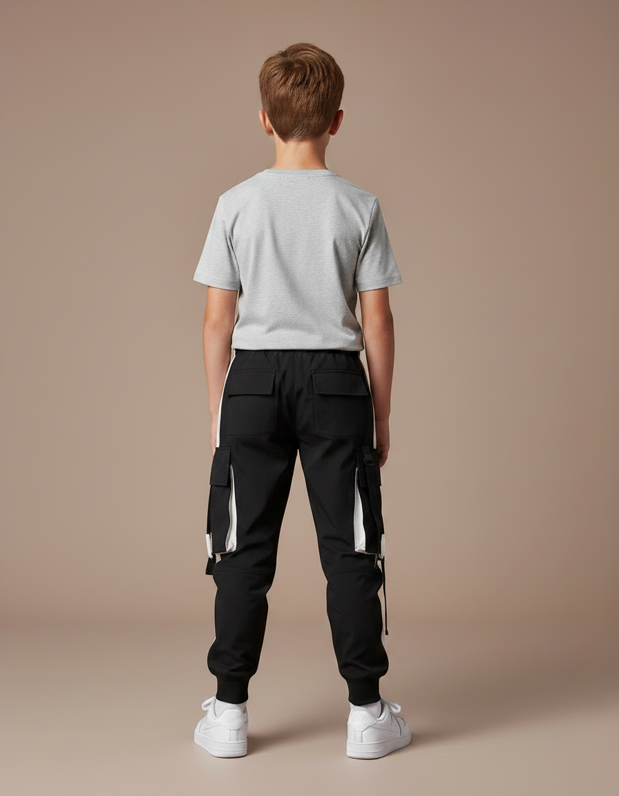 Pantalon Parachute Noir Cargo Cordon Ample Garçon - Polyester - vue 2