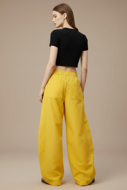 Pantalon Parachute Jaune Ample Fluide Décontracté - Polyester - vue 2
