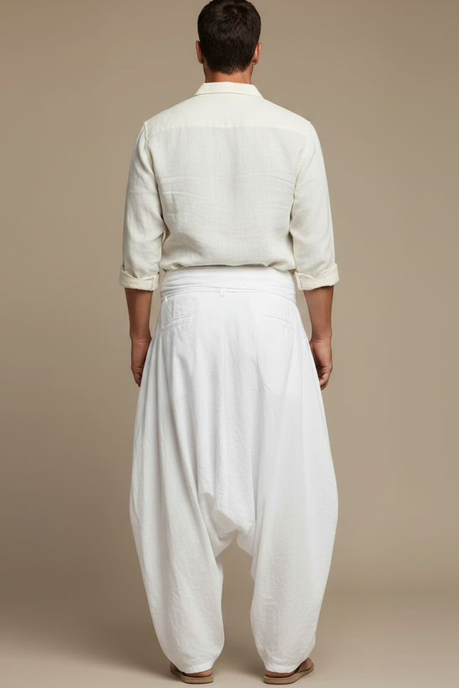Pantalon Parachute Blanc Ample Lin Décontracté Homme - vue 2
