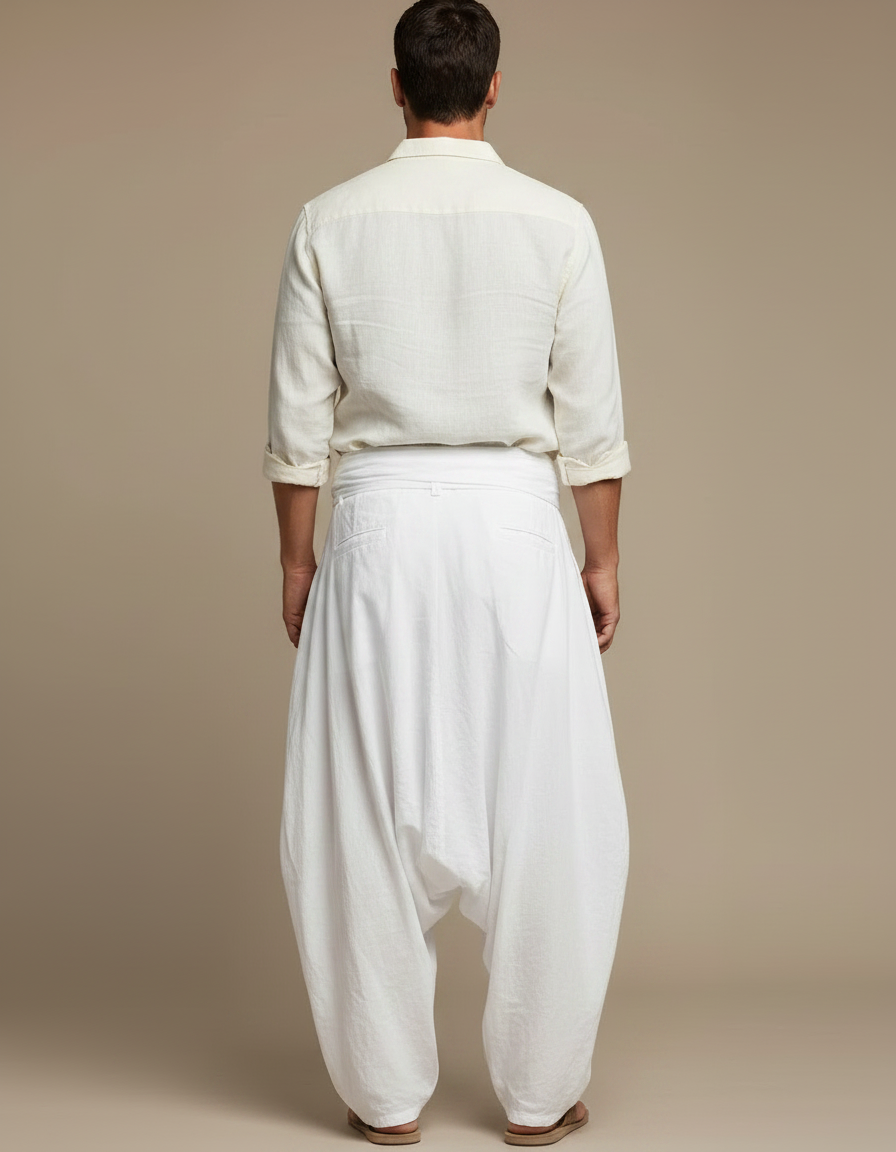 Pantalon Parachute Blanc Ample Lin Décontracté Homme - vue 2