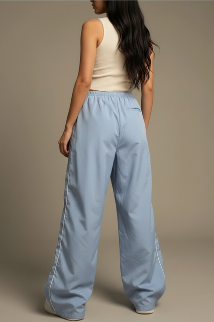 Pantalon Parachute Bleu Ciel Ample Fluide Décontracté Rayures - Polyester - vue 2