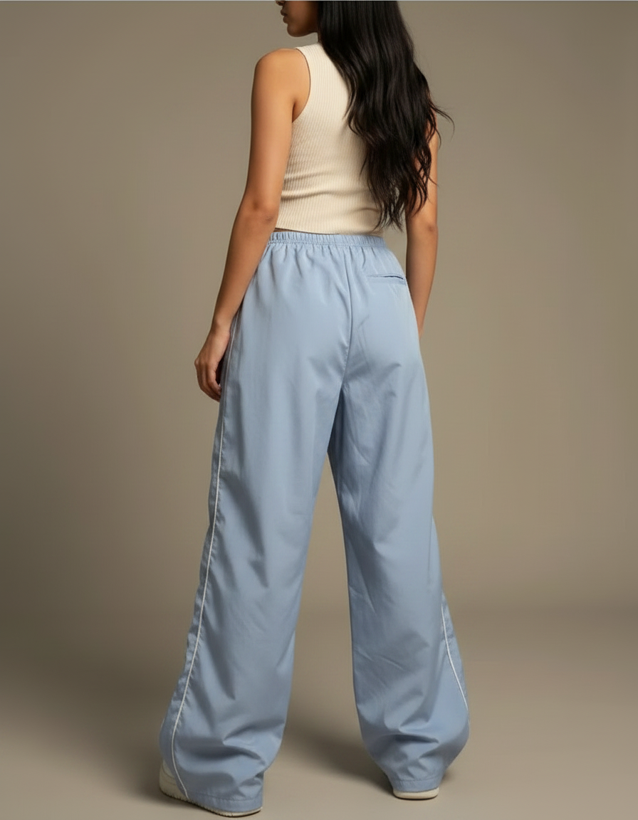 Pantalon Parachute Bleu Ciel Ample Fluide Décontracté Rayures - Polyester - vue 2