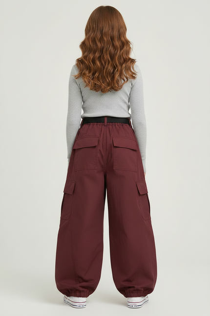 Pantalon Parachute Bordeaux Ample Cargo Ceinturé Fille - Polyester - vue 2