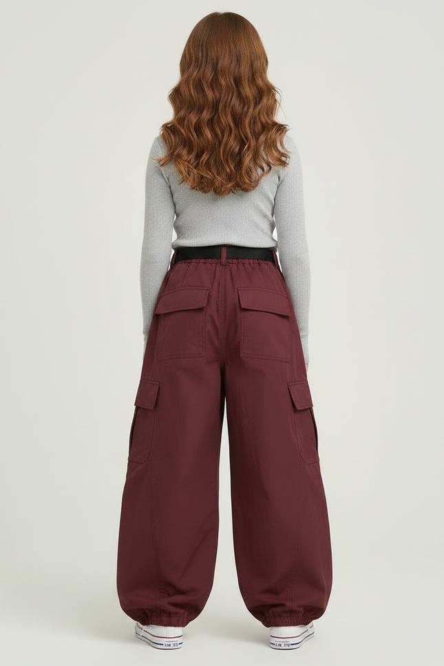 Pantalon Parachute Bordeaux Ample Cargo Ceinturé Fille - Polyester - vue 2