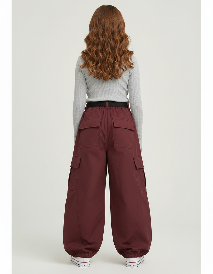 Pantalon Parachute Bordeaux Ample Cargo Ceinturé Fille - Polyester - vue 2