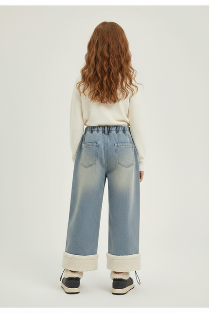 Pantalon Parachute Denim Ample Doublé Chat Fille - Bleu Jean - vue 2