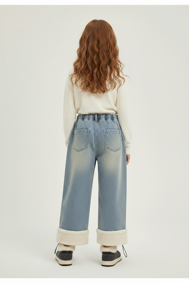 Pantalon Parachute Denim Ample Doublé Chat Fille - Bleu Jean - vue 2