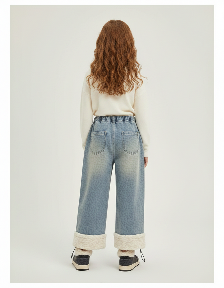 Pantalon Parachute Denim Ample Doublé Chat Fille - Bleu Jean - vue 2