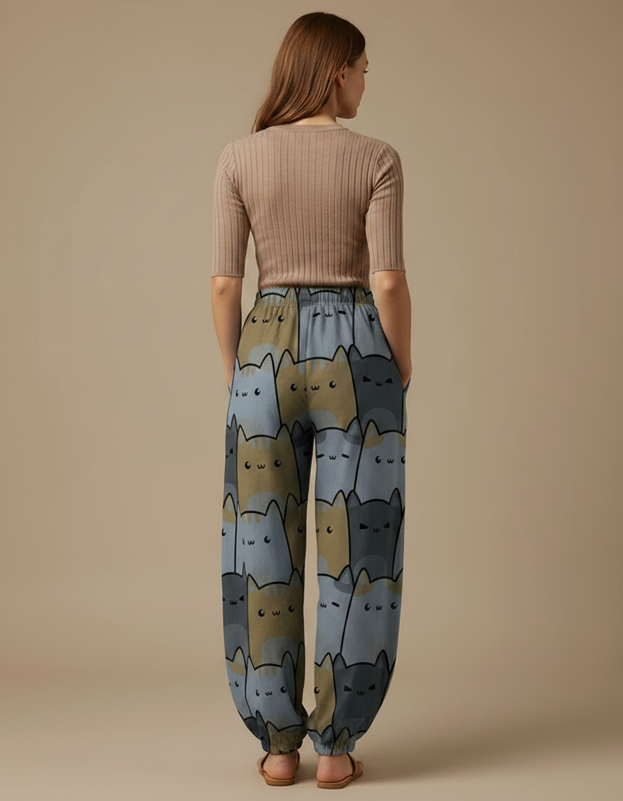 Pantalon Parachute Chats Imprimés Ample Décontracté Poches Fluide - Polyester - vue 2