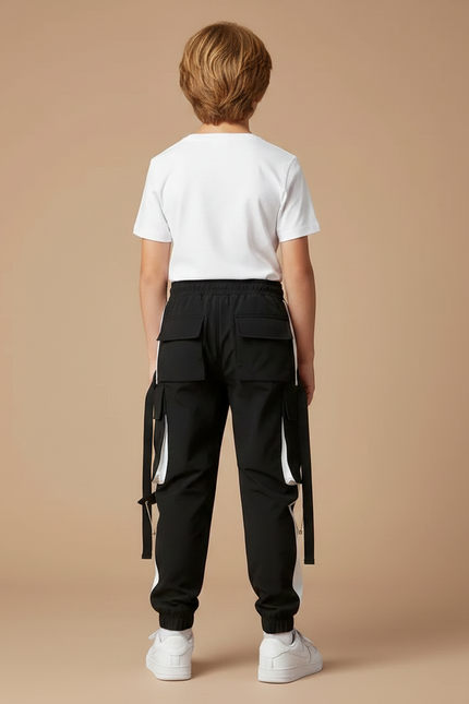 Pantalon Parachute Noir Cargo Ample Enfant Rayures - Polyester - vue 2