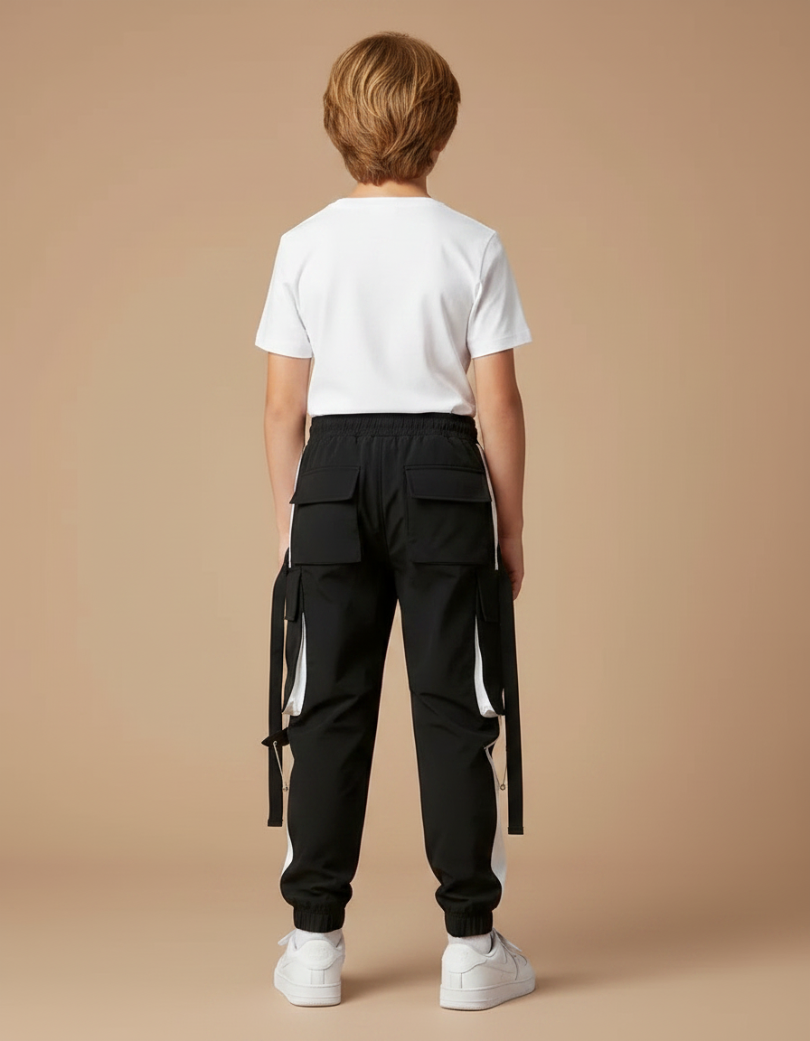 Pantalon Parachute Noir Cargo Ample Enfant Rayures - Polyester - vue 2