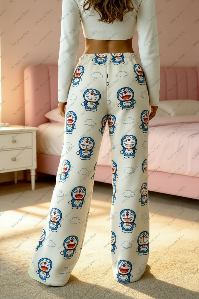 Pantalon Parachute Blanc Polaire Ample Doraemon - Molleton