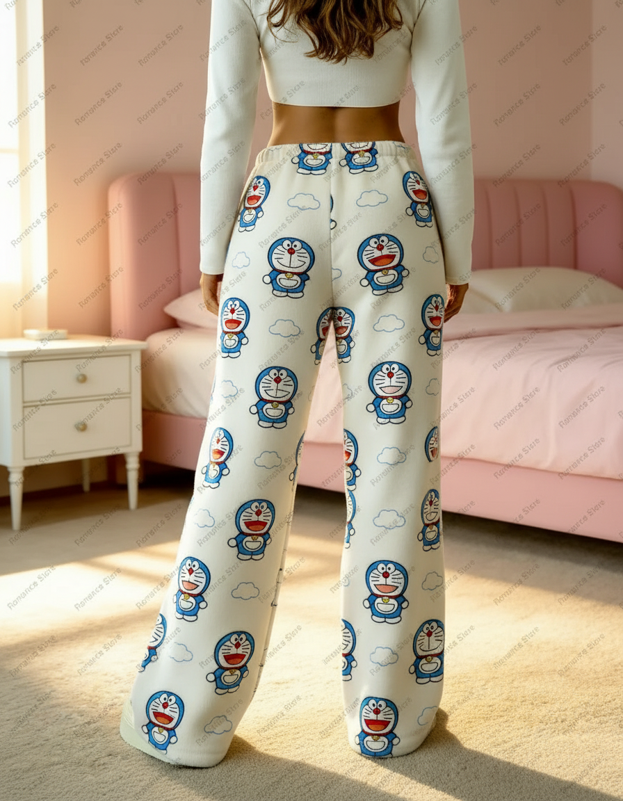 Pantalon Parachute Blanc Polaire Ample Doraemon - Molleton