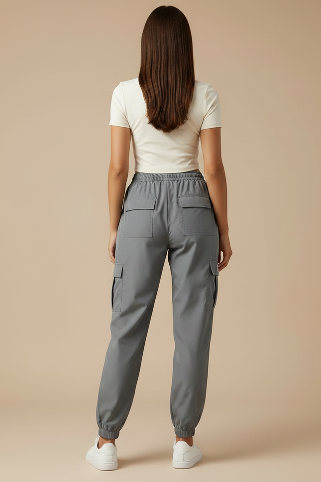 Pantalon Parachute Gris Femme Cargo Cordon Ample - Polyester - vue 2