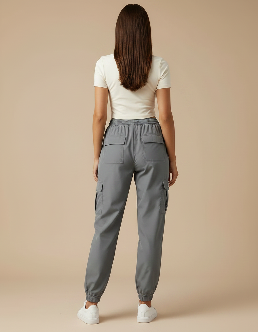 Pantalon Parachute Gris Femme Cargo Cordon Ample - Polyester - vue 2