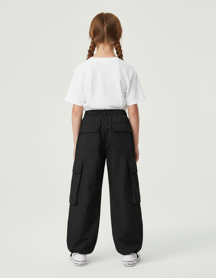 Pantalon Parachute Noir Ample Cargo Décontracté Fille - Polyester - vue 2