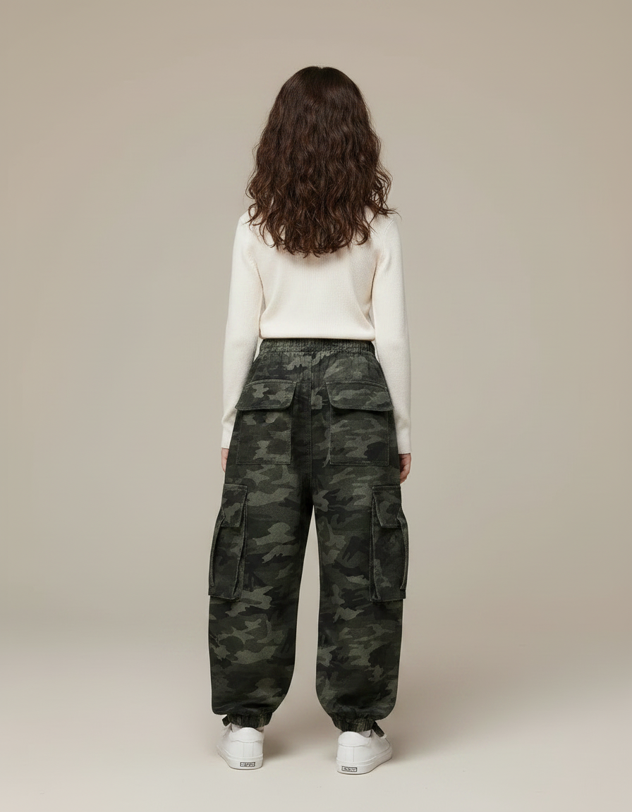 Pantalon Parachute Camouflage Cargo Ample Enfant - Vert Toile - vue 2