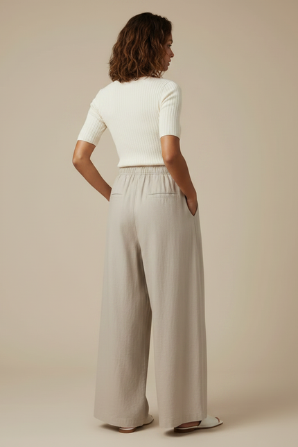 Pantalon Parachute Beige Lin Ample Taille Élastique Femme - vue 2