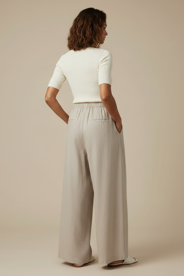 Pantalon Parachute Beige Lin Ample Taille Élastique Femme - vue 2