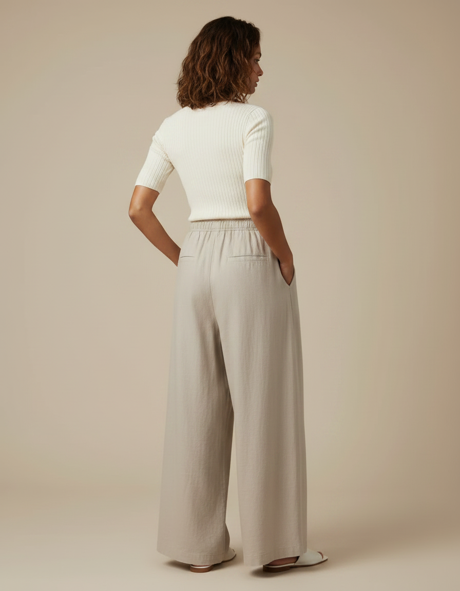 Pantalon Parachute Beige Lin Ample Taille Élastique Femme - vue 2