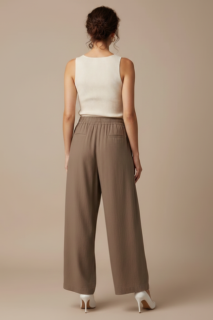 Pantalon Parachute Marron Lin Fluide Femme Décontracté - vue 2