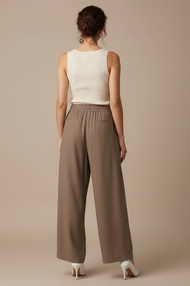 Pantalon Parachute Marron Lin Fluide Femme Décontracté - vue 2