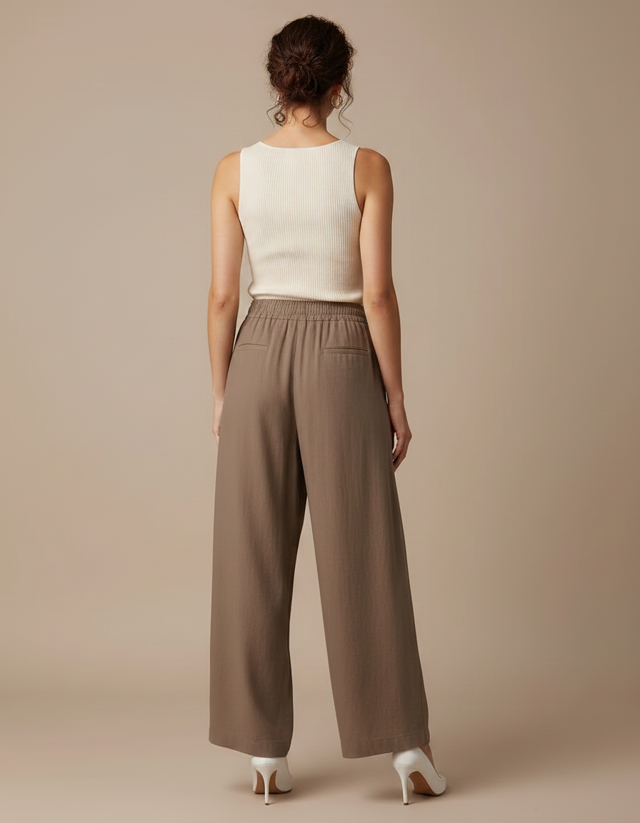 Pantalon Parachute Marron Lin Fluide Femme Décontracté - vue 2