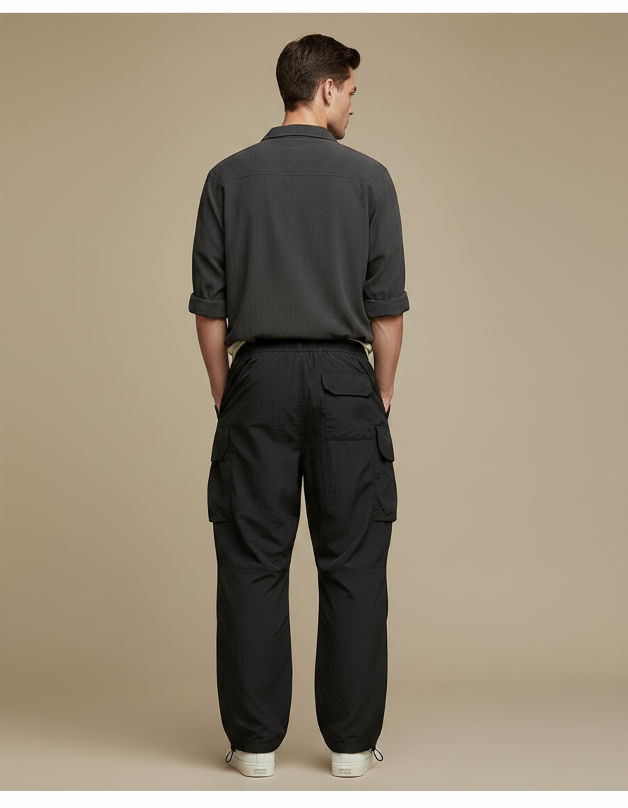 Pantalon Parachute Noir Cargo Ample Tactique Homme - Polyester - vue 2