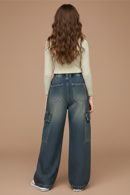 Pantalon Parachute Denim Ample Cargo Fille Décontracté - Bleu Jean - vue 2
