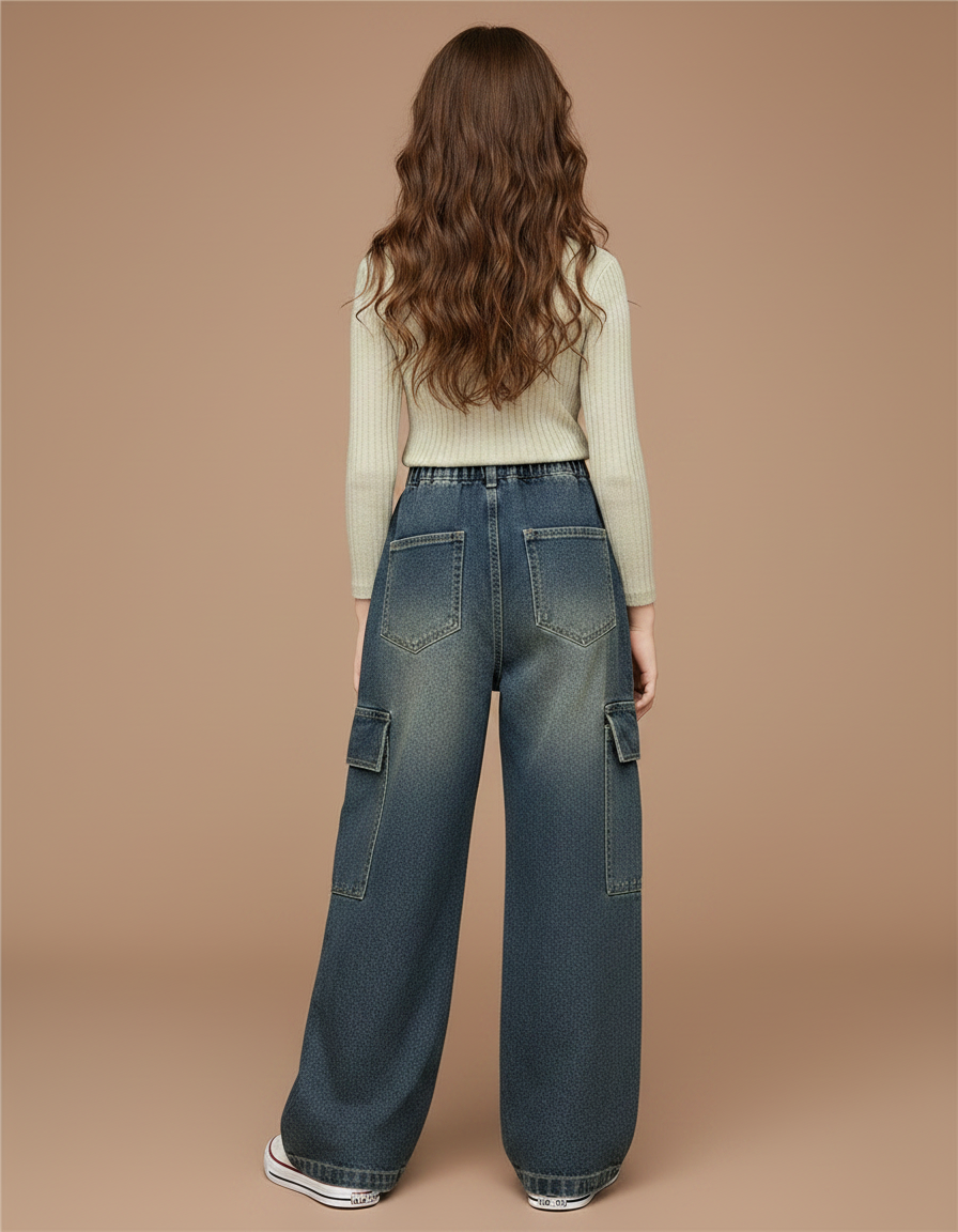 Pantalon Parachute Denim Ample Cargo Fille Décontracté - Bleu Jean - vue 2