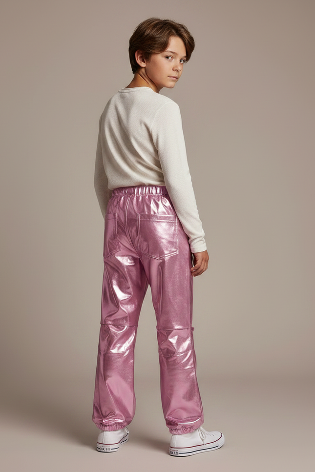 Pantalon Parachute Métallisé Rose Ample Enfant Brillant - Polyester - vue 2