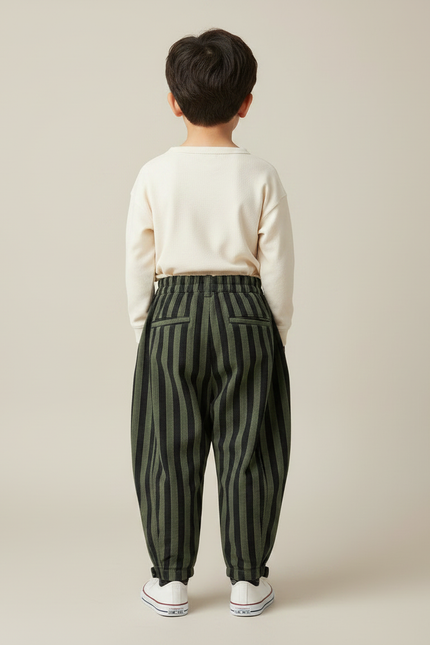 Pantalon Parachute Rayé Vert Ample Enfant Décontracté - Cordé - vue 2