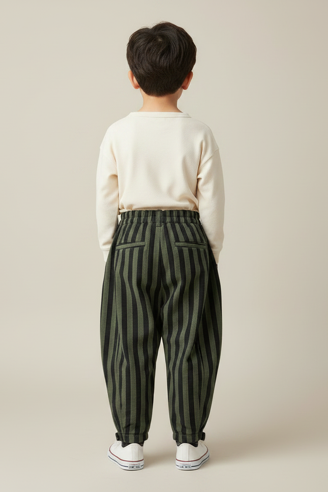 Pantalon Parachute Rayé Vert Ample Enfant Décontracté - Cordé - vue 2