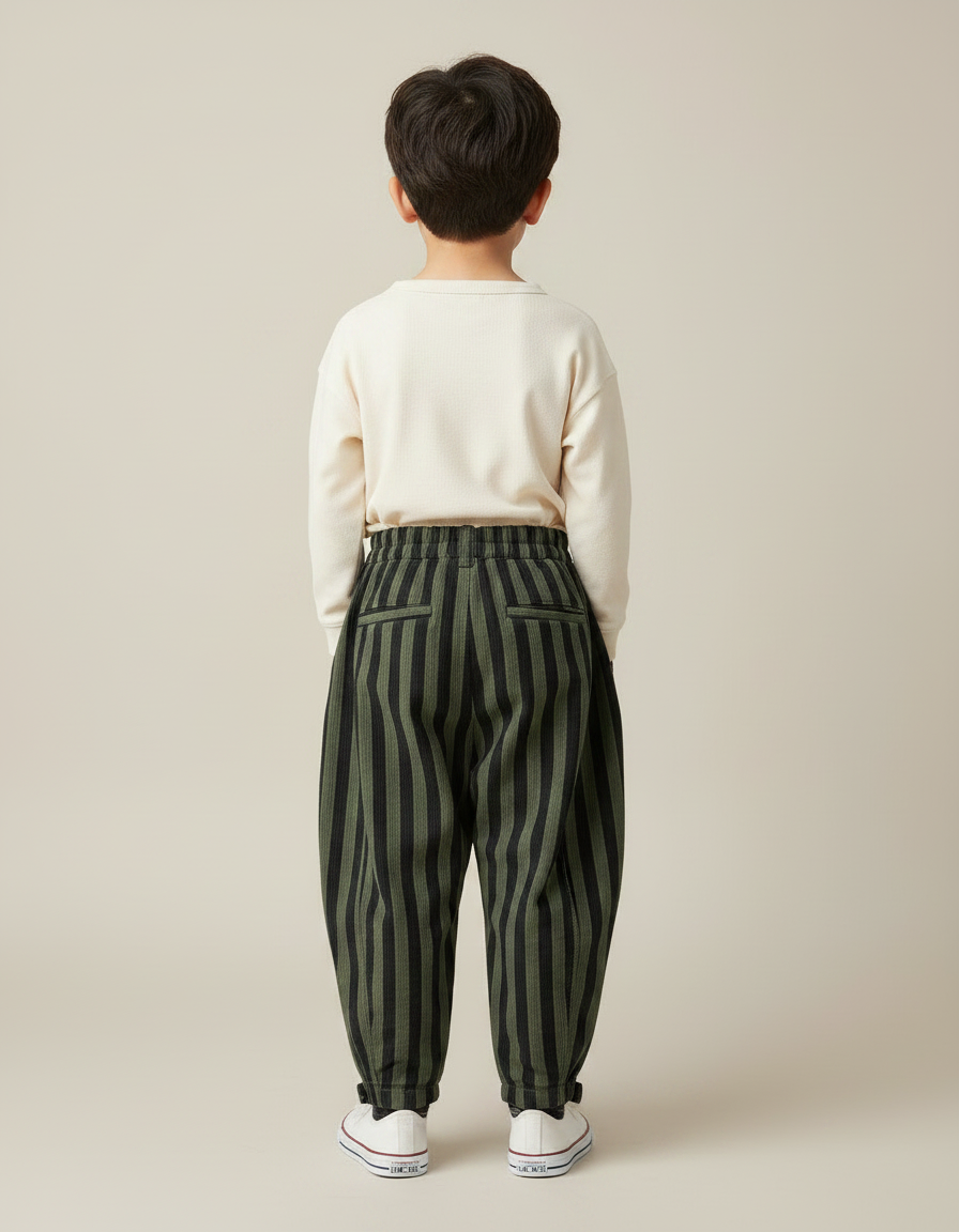 Pantalon Parachute Rayé Vert Ample Enfant Décontracté - Cordé - vue 2