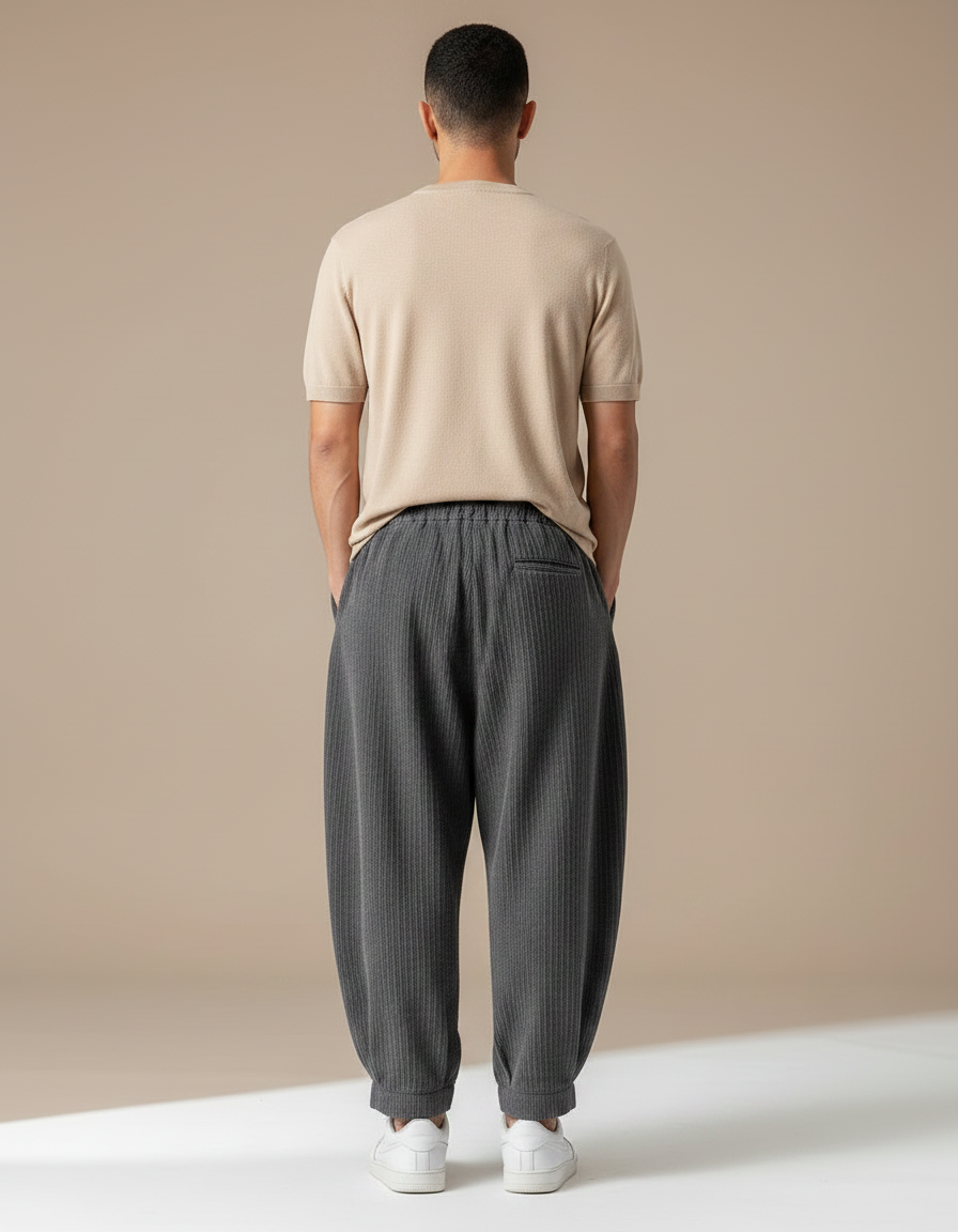 Pantalon Parachute Côtelé Gris Ample Confortable Homme - Cordé - vue 2