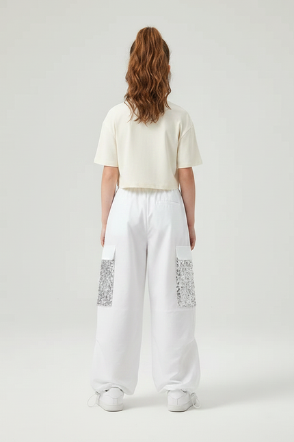 Pantalon Parachute Blanc Ample Sequin Fille Casual - Polyester - vue 2