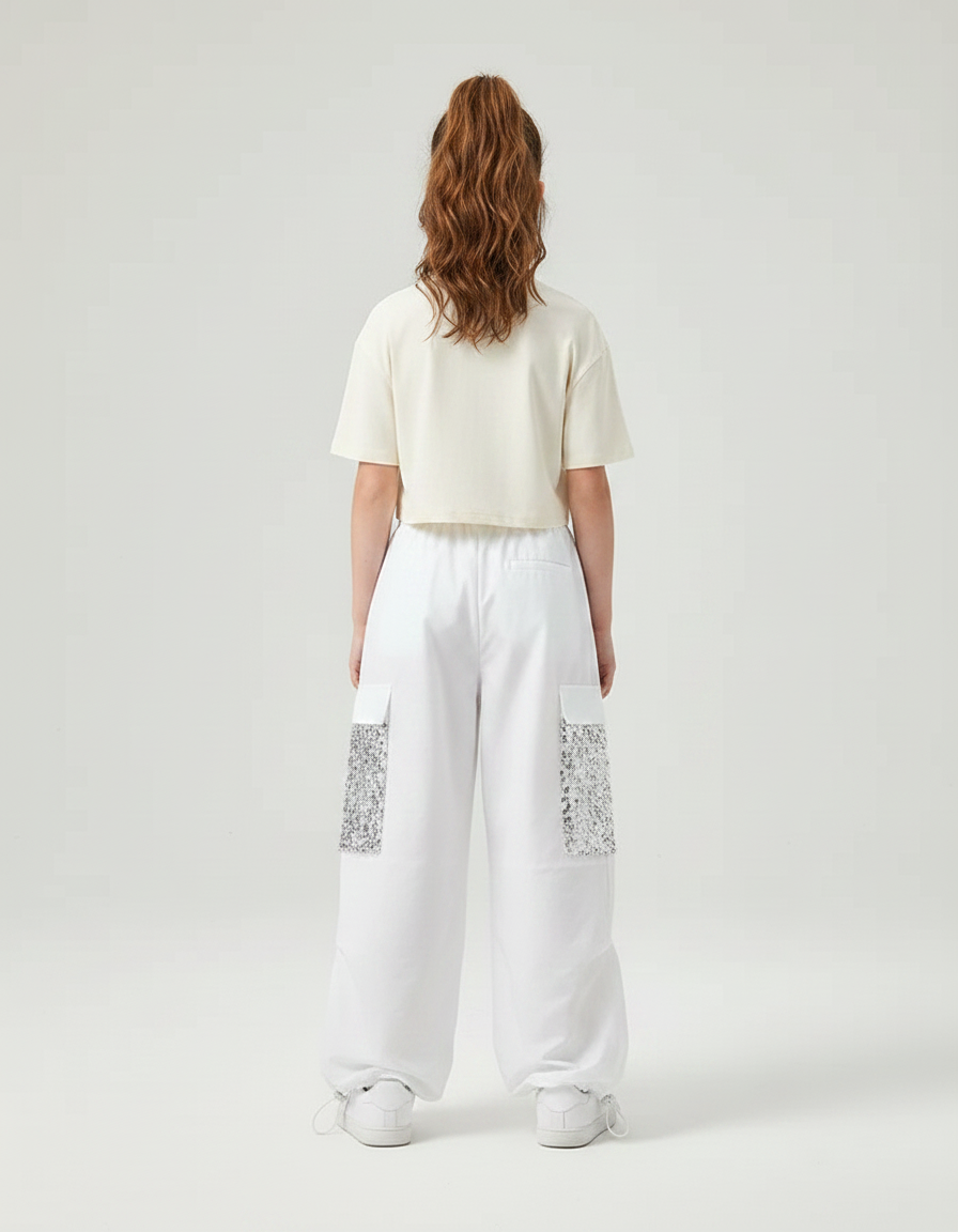 Pantalon Parachute Blanc Ample Sequin Fille Casual - Polyester - vue 2